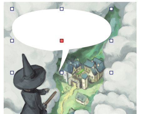 Image of a witch on a broom, looking at some houses below. An empty speech bubble is pointing at her head.
